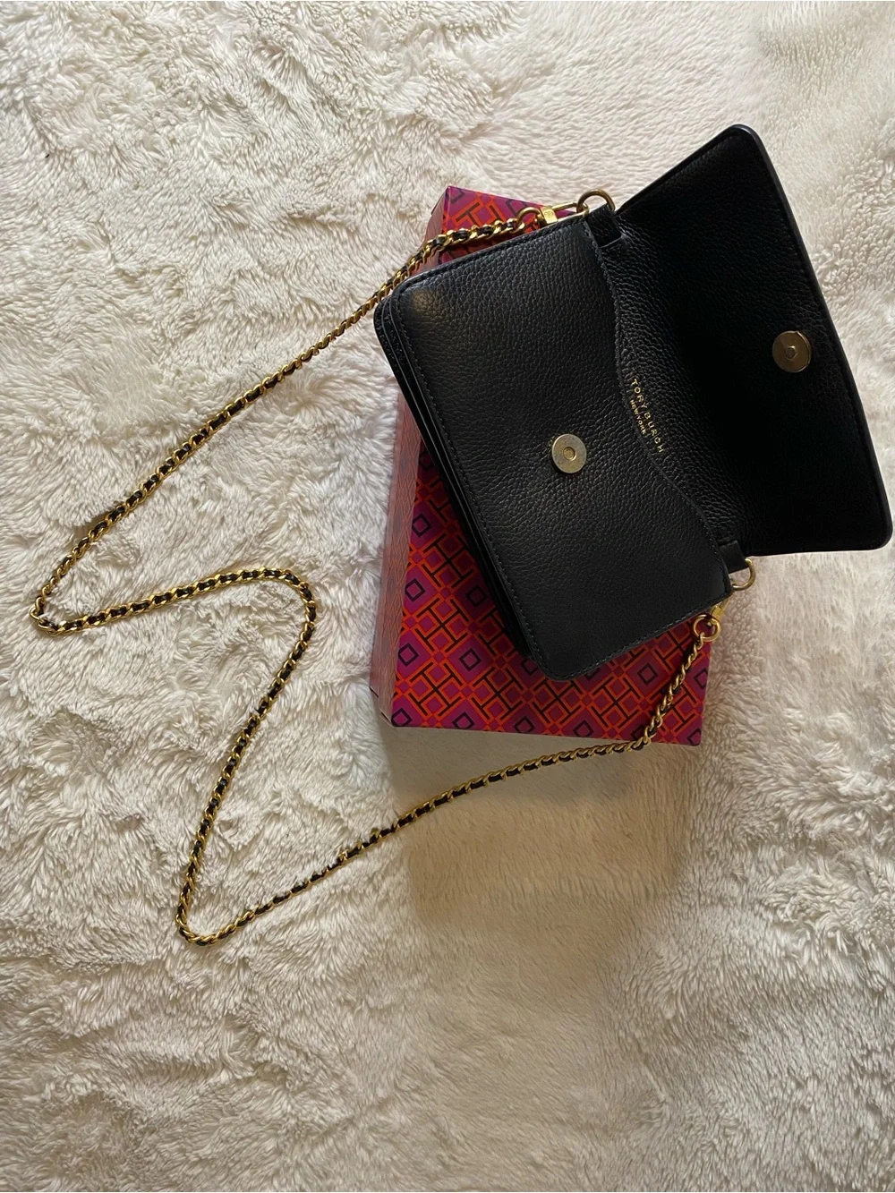 Tory Burch Black Pebbled Leather Logo Crossbody with Gold Hardware